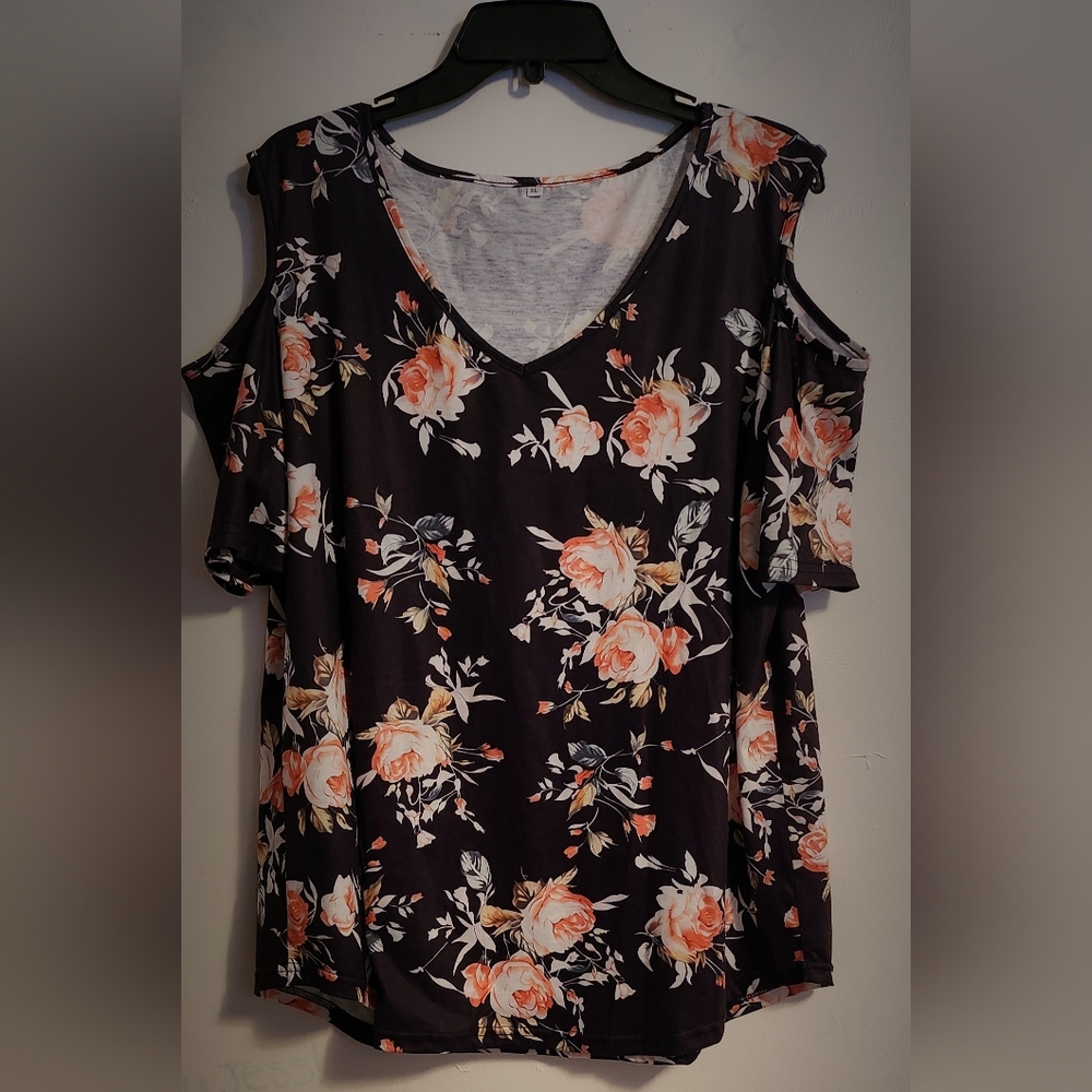 Two Floral Cold Shoulder Top - Black and Pink, BOTH XL!